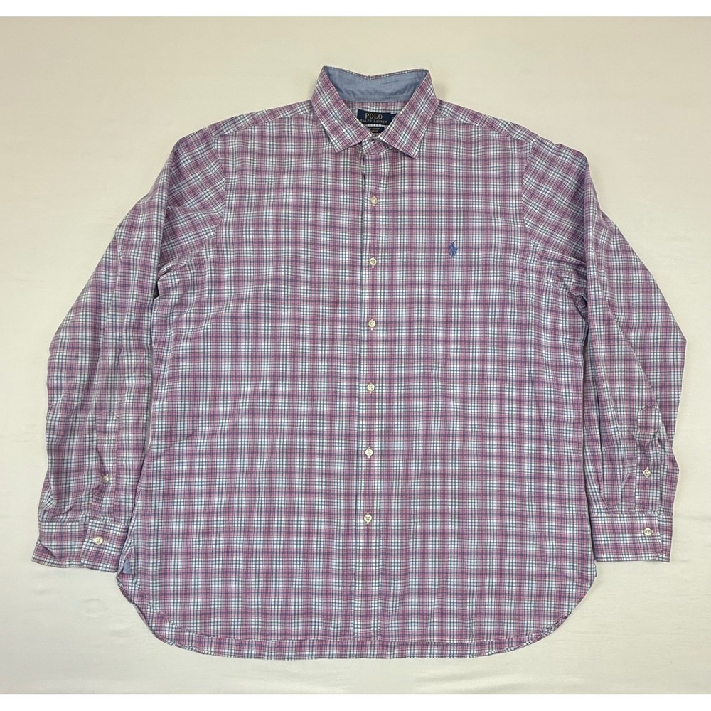 Polo Ralph Lauren Mens XL Button Down Shirt Pink Blue Checkered Cotton Stretch